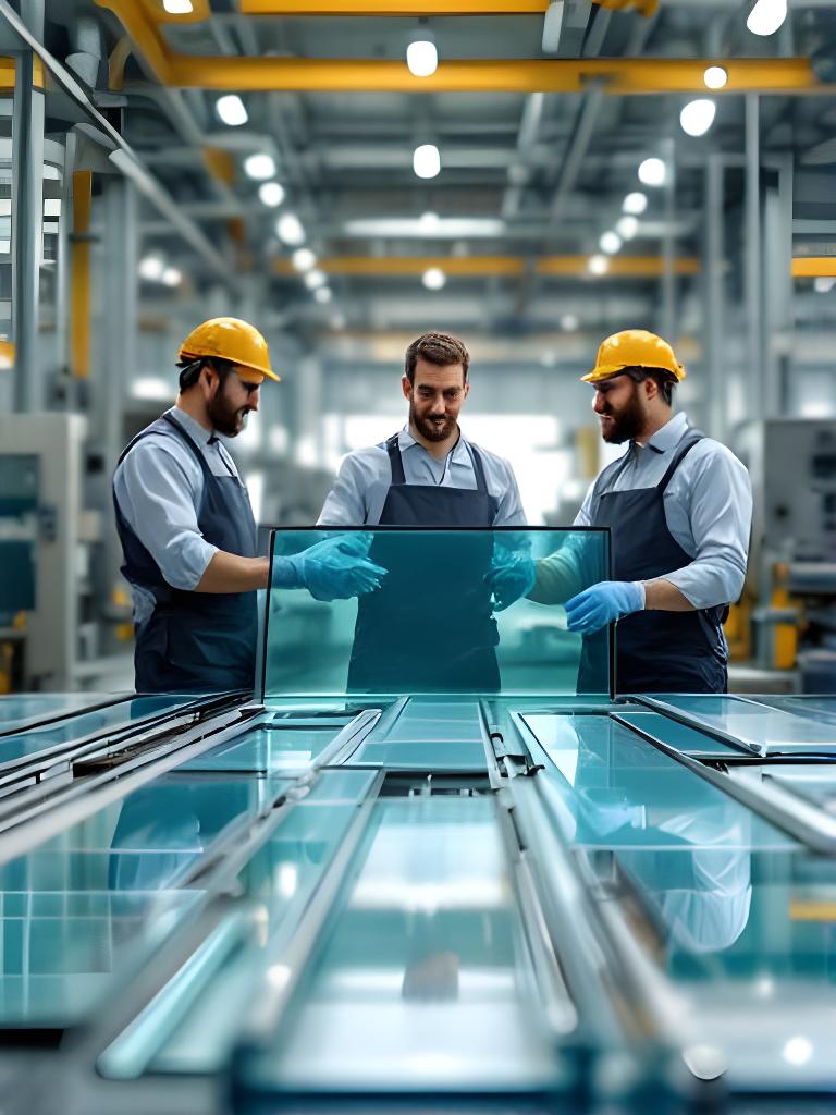Equipo técnico de vidrio revisando planchas y perfiles en una planta ordenada con maquinaria moderna