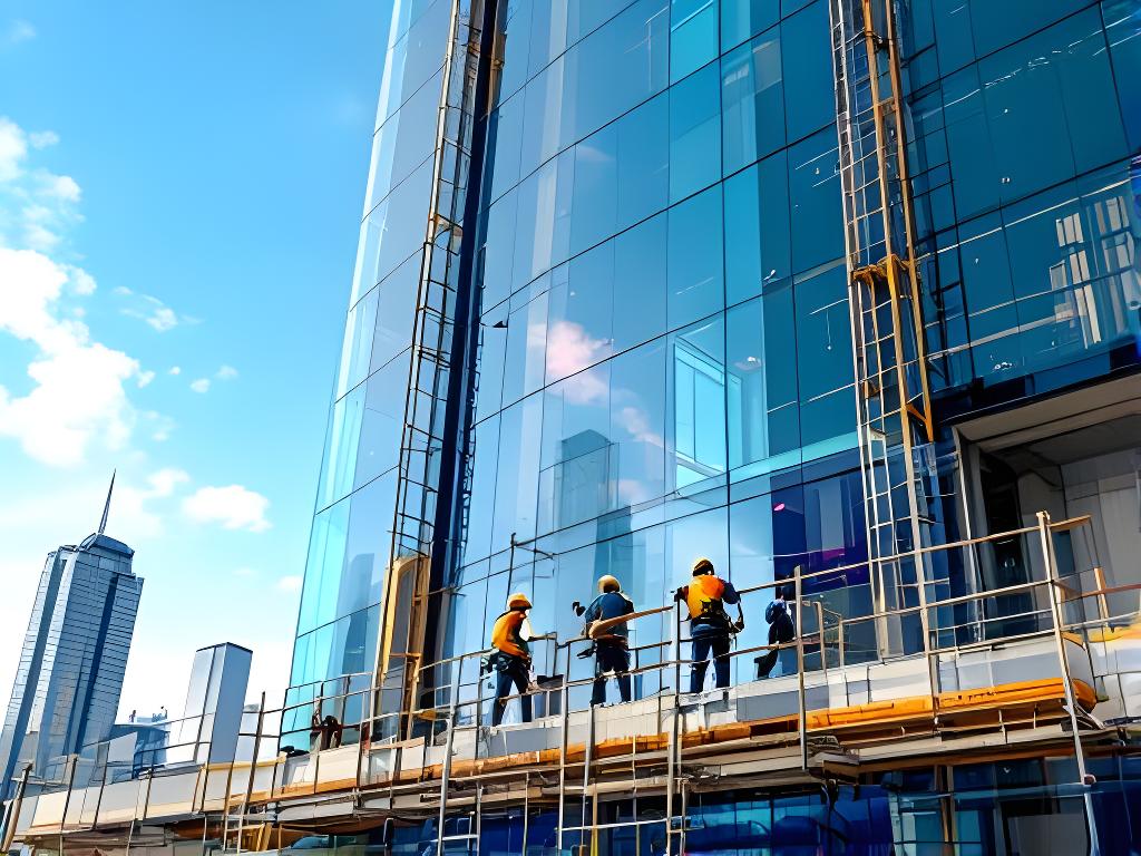 Equipo instalando una fachada de vidrio en una torre corporativa con andamios y cielo despejado