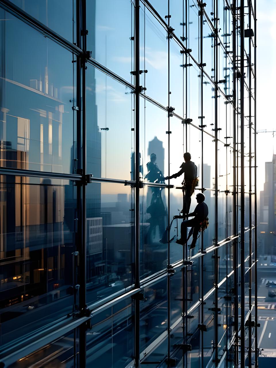 Instalación de muro cortina en una torre corporativa de Vicente López con paneles reflejando la ciudad