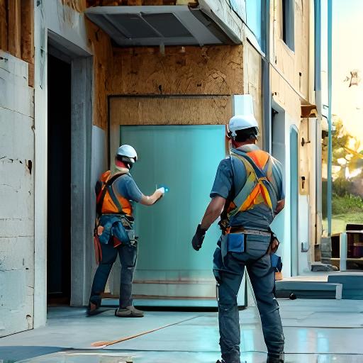 Instaladores colocando una solución de vidrio en una obra residencial con herramientas y protección personal