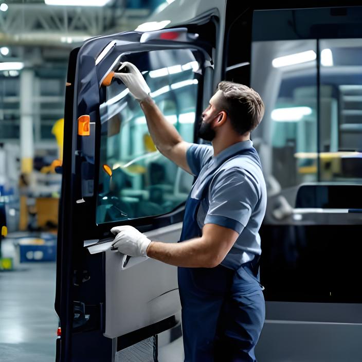 Técnico reemplazando el vidrio lateral de una unidad de transporte público en un taller iluminado
