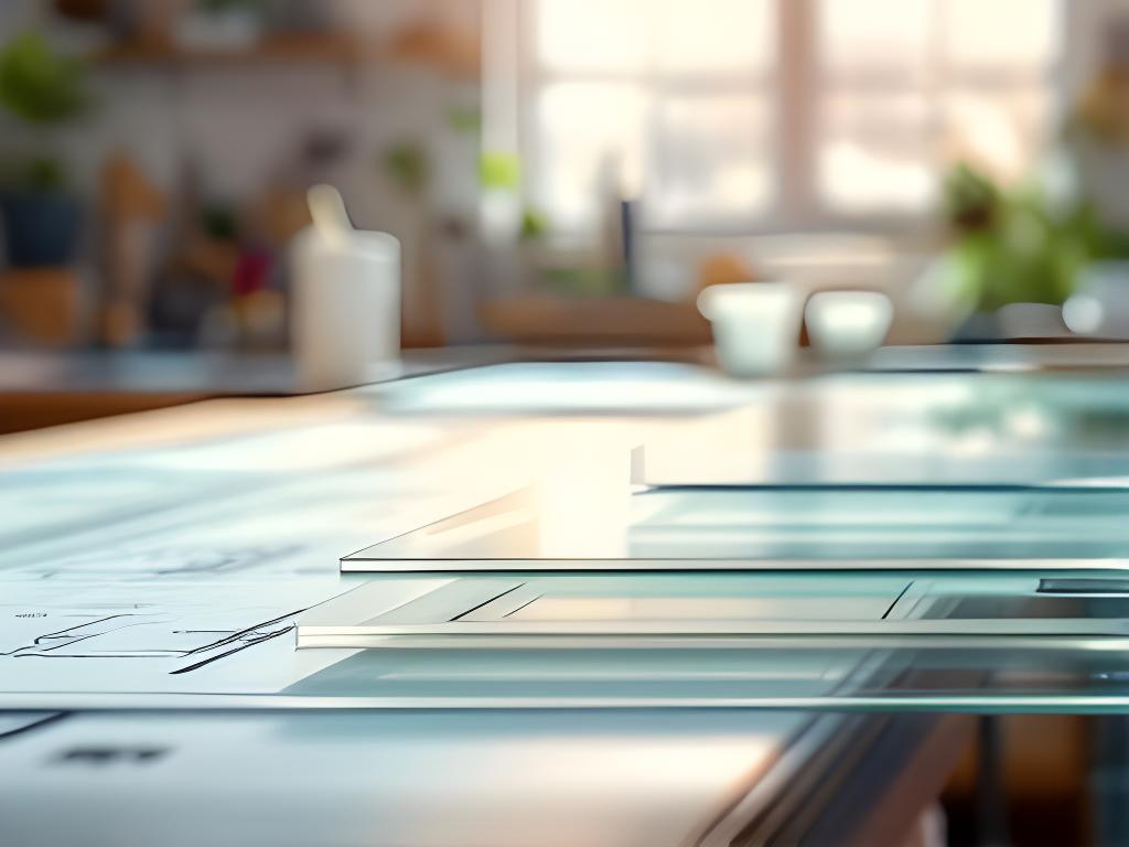 Planos y láminas de vidrio apoyados sobre una mesa de trabajo en un taller luminoso