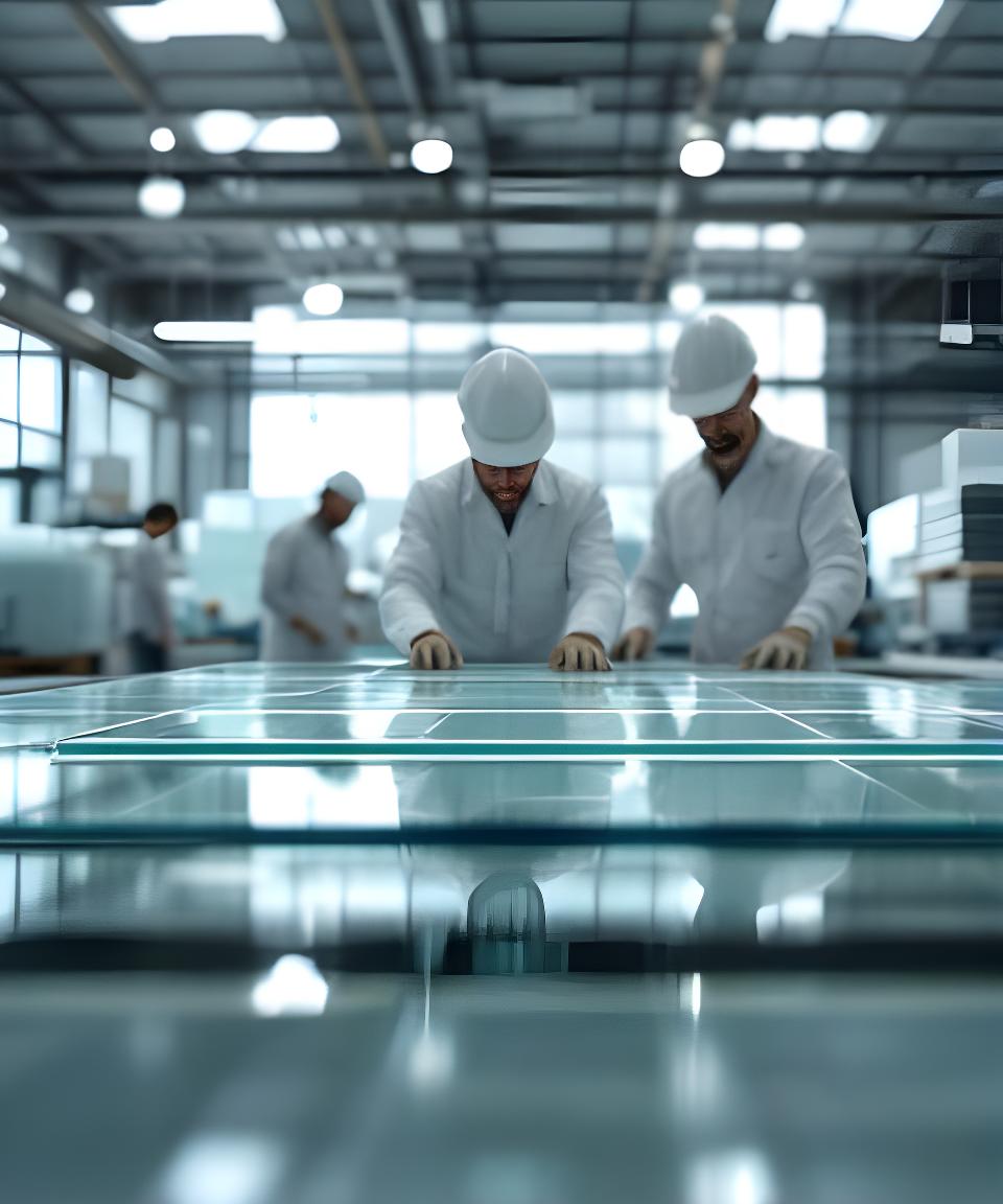 Equipo técnico trabajando vidrio en un taller luminoso con piezas apiladas y herramientas de precisión