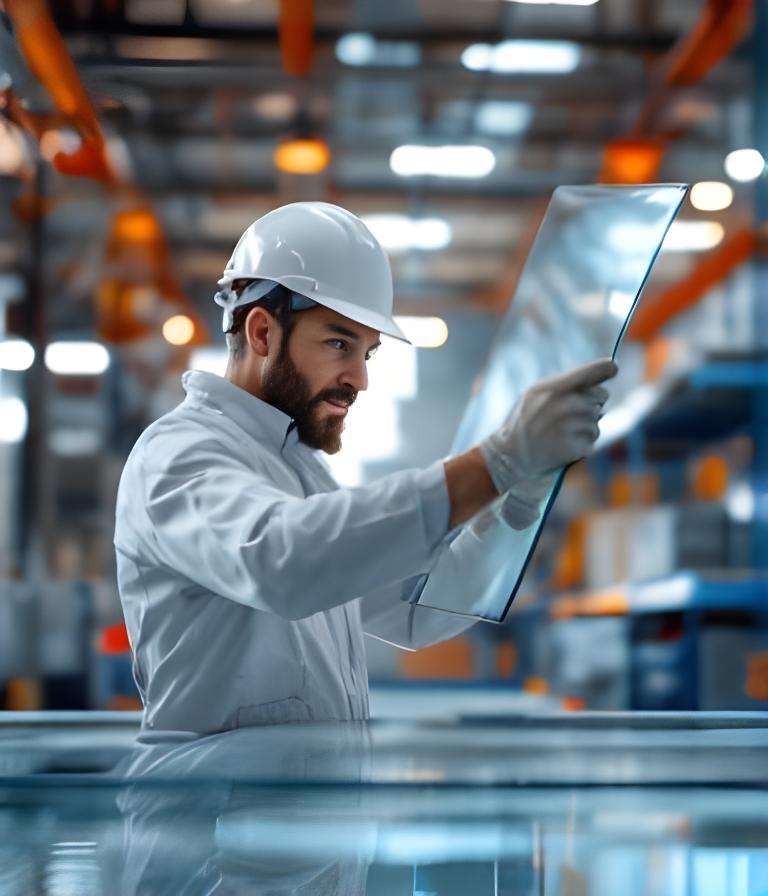 Operario revisando planillas y controles de calidad en una planta de vidrio con luz natural