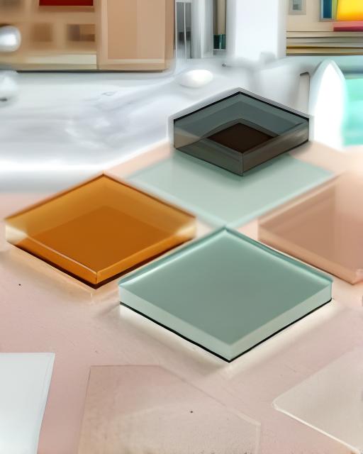 Muestras de vidrio transparente, esmerilado, bronce, gris y reflectivo sobre una mesa de trabajo