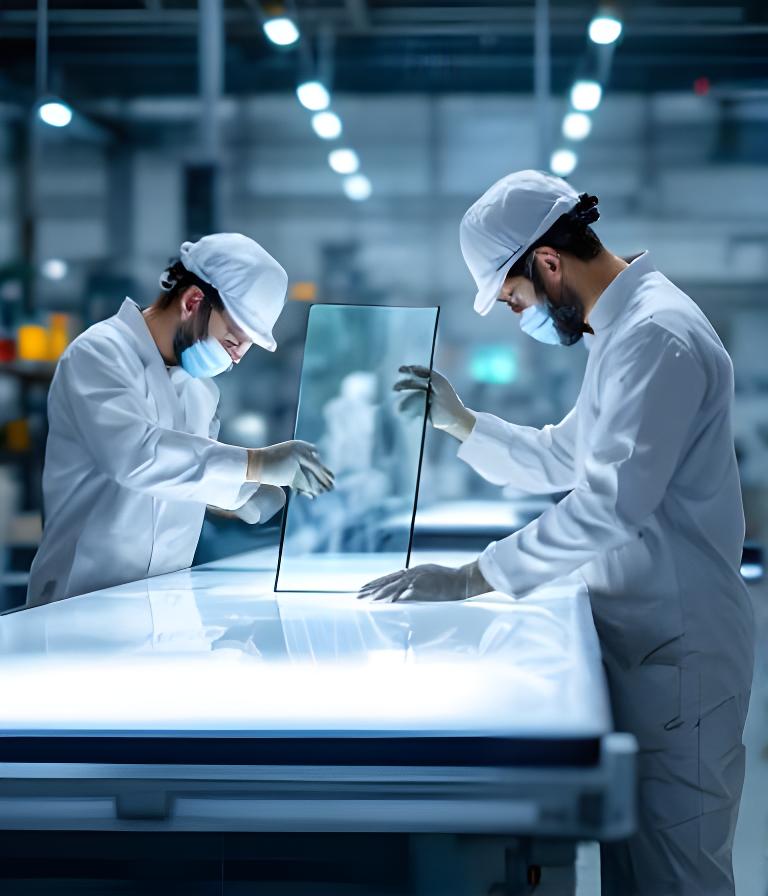 Equipo de fábrica revisando una pieza de vidrio junto a una mesa de trabajo luminosa